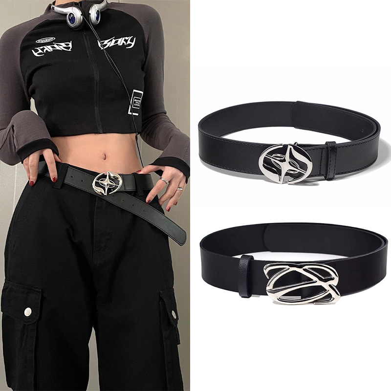 New Retro Black Belt With Trendy And Cool Metal Buckle For Men, Versatile And Simple For Women, Decorative Belt With Ins Style, Niche Belt_voghion.com