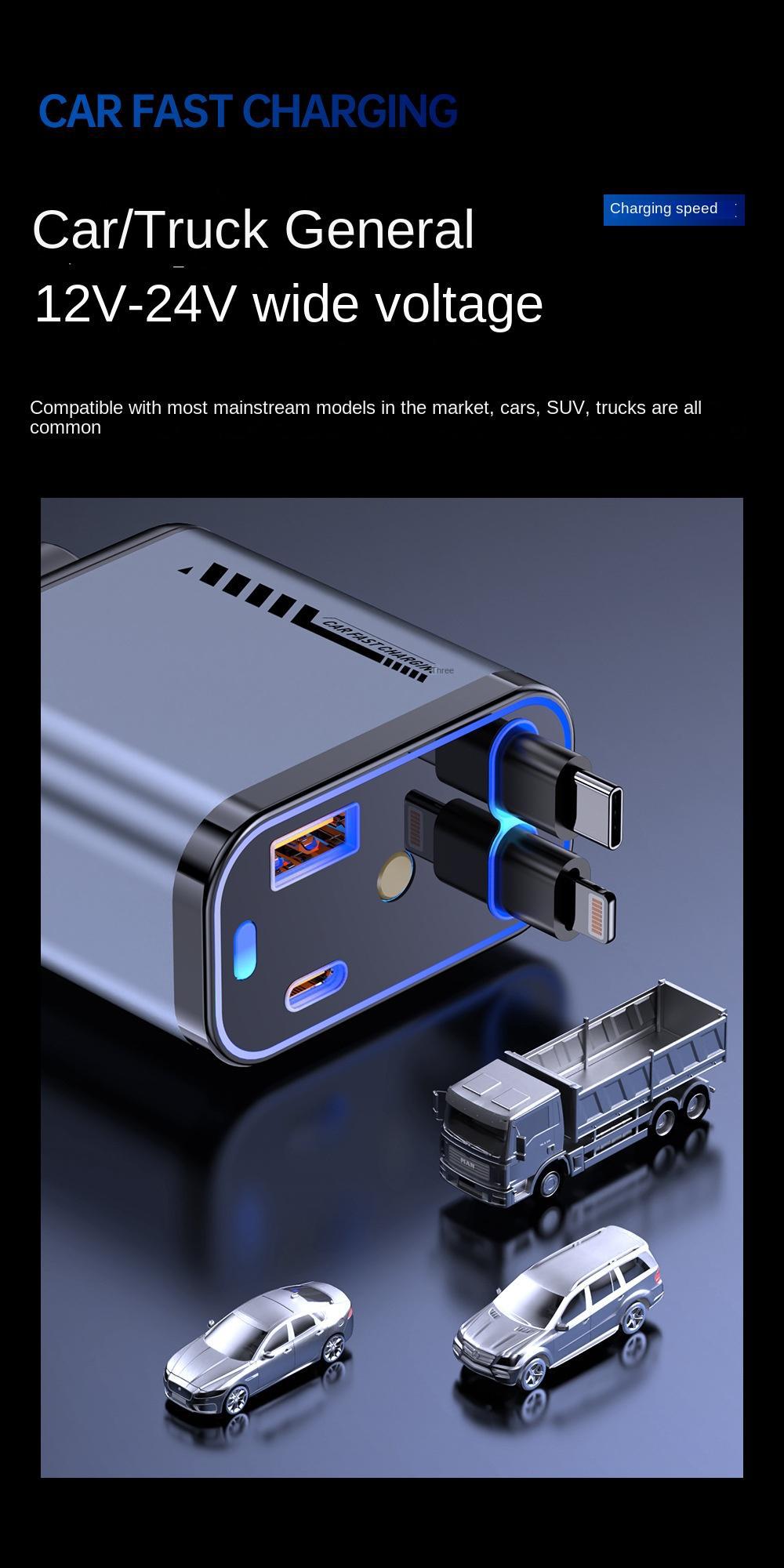 4-in-1 Car Fast Charging Charger with 80cm Cable Multifunctional Car Power Adapter