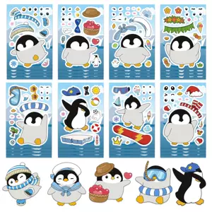 สติกเกอร์ตกแต่งเคสโทรศัพท์และแท็บเล็ต 8 แผ่น ลายการ์ตูนเพนกวินน่ารัก แบบตัดแปะหน้าตา วัสดุ PVC กันน้ำ จำหน่ายส่งข้ามประเทศ