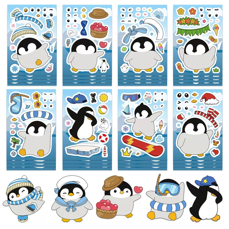สติกเกอร์ตกแต่งเคสโทรศัพท์และแท็บเล็ต 8 แผ่น ลายการ์ตูนเพนกวินน่ารัก แบบตัดแปะหน้าตา วัสดุ PVC กันน้ำ จำหน่ายส่งข้ามประเทศ