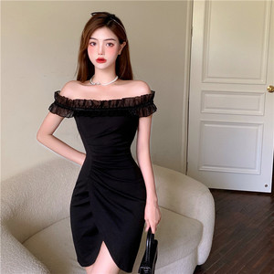 Line neck pleated slim French stitching elegant sexy little black dress