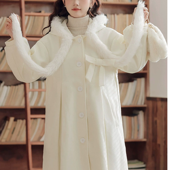 White woolen coat with hood, demi-season cute jacket