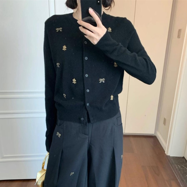 法式复古蝴蝶结开衫外套女气质春秋黑色高级感开春穿搭针织衫上衣|undefined