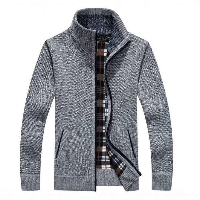 Men's spring, autumn, and winter cardigan sweater with zipper, thickened and fleece-lined, stand-up collar, loose-fitting, warm knit outerwear