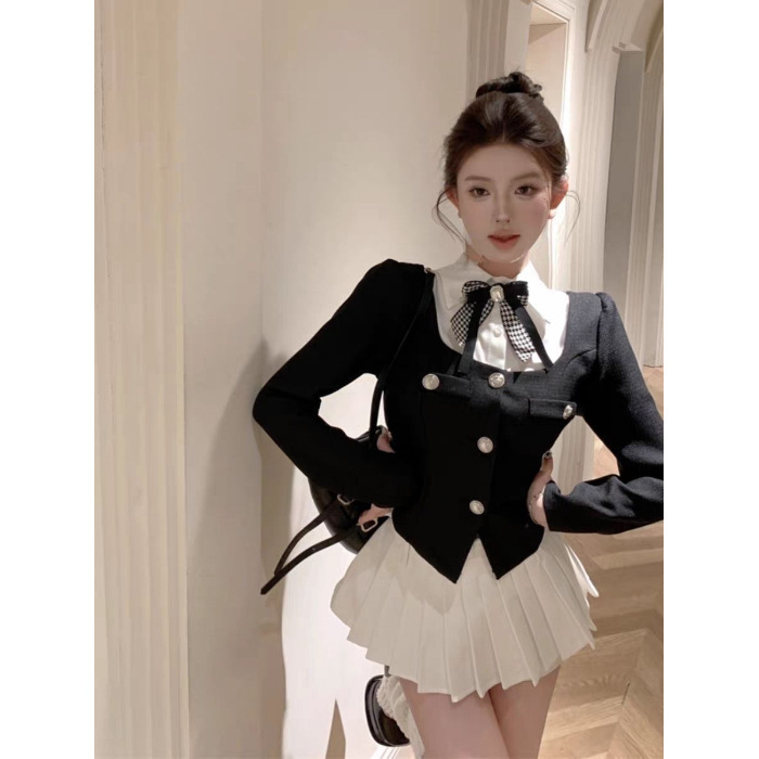 学院风jk制服甜美套装蝴蝶结法式假两件小香风外套百褶半身裙|undefined