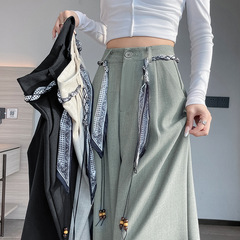 灰绿色阔腿西装裤女2025秋季新款高腰显瘦垂感编织腰带直筒休闲裤