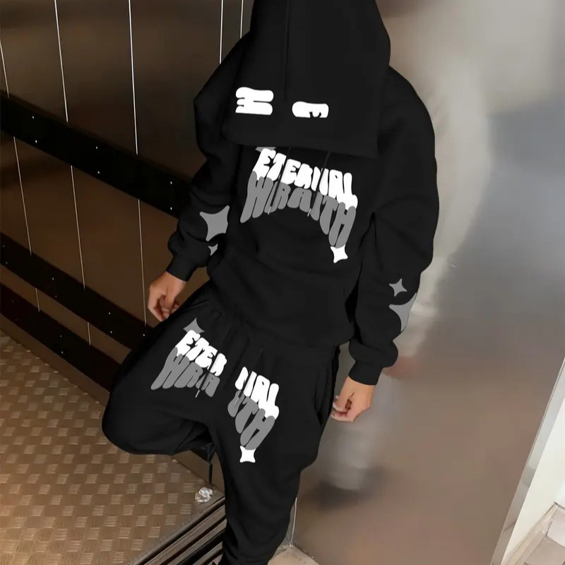 Y2K Cross-Border Hot-Selling Tk Amazon Loose Men's Printed American-Style Hooded Sweatshirt Set Trendy Brand Lettered Foreign Trade Y2K Cross-Border Hot-Selling Tk Amazon Loose Men's Printed American-Style Hooded Sweatshirt Set Trendy Brand Lettered Foreign Trade
