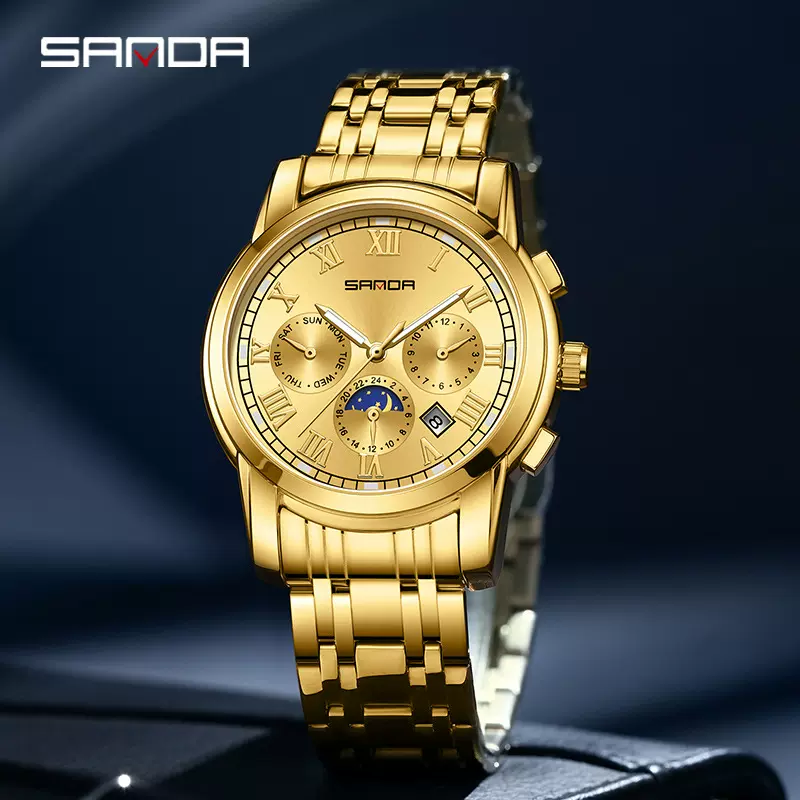 SANDA复古钢带手表日历月相机械表商务三眼六针背透防水男士腕表