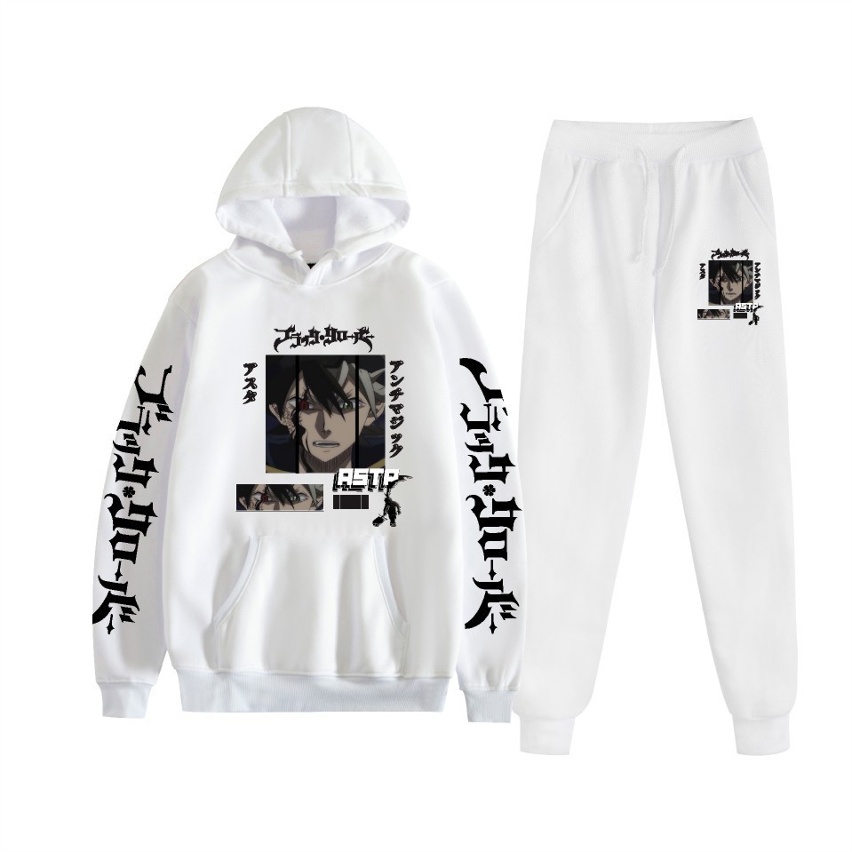 Traje de suéter con capucha suelto de dos piezas de trébol de cuatro hojas negro para hombres y mujeres con estampado de letras nuevas transfronterizas