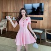 V-neck low breasted button decorative waist closed A-line umbrella swing skirt base skirt Short Sleeve Dress