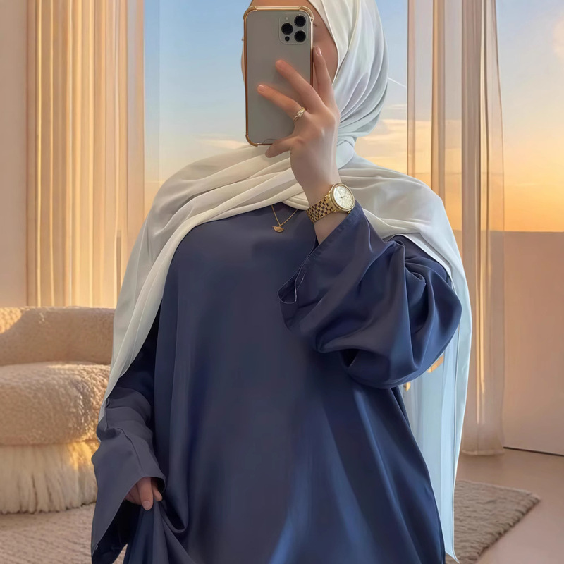 Turkish Street Style Solid Color Long-Sleeve Dress for Women, 2025 Summer New Simple Round Neck Loose Robe