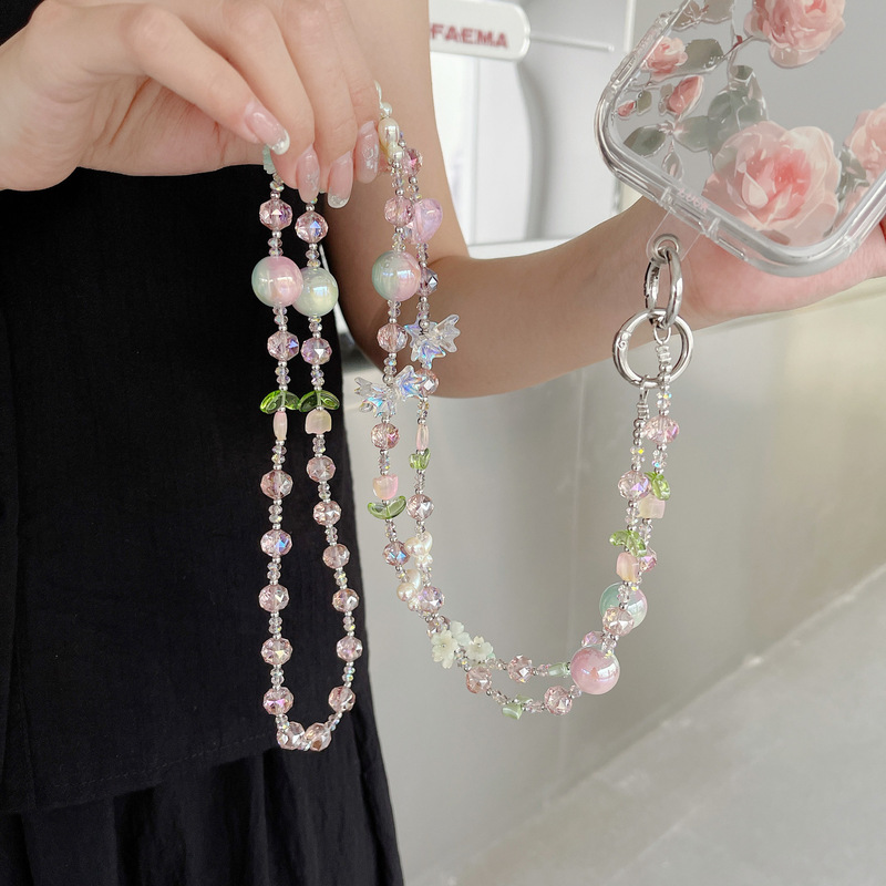 Summer High-value Mobile Phone Chain Super Fairy Pink Green Flower Beaded Chain Crossbody Can Carry Pink Crystal Strap Hanging Chain