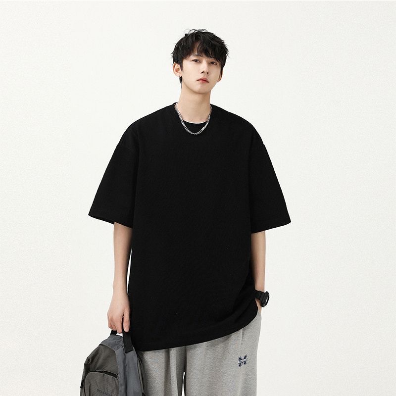Men's Cotton Short Sleeve 240g Heavy 100 Cotton T-shirt Base T-shirt Men's Round Neck Loose Solid Color Korean Fashion
