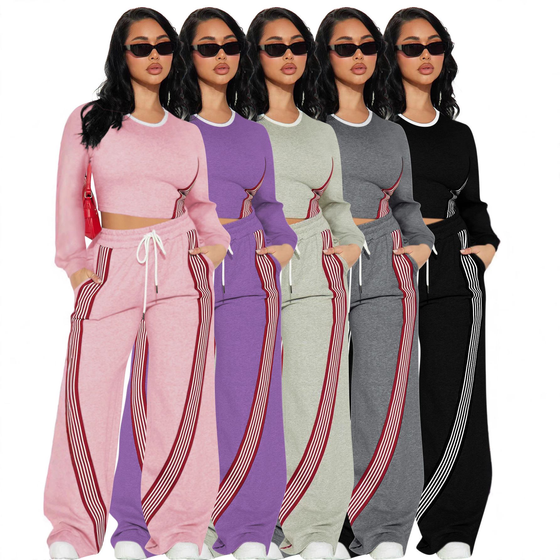 F6041欧美跨境女装时尚休闲长袖上衣和侧边条纹运动风长裤两件套