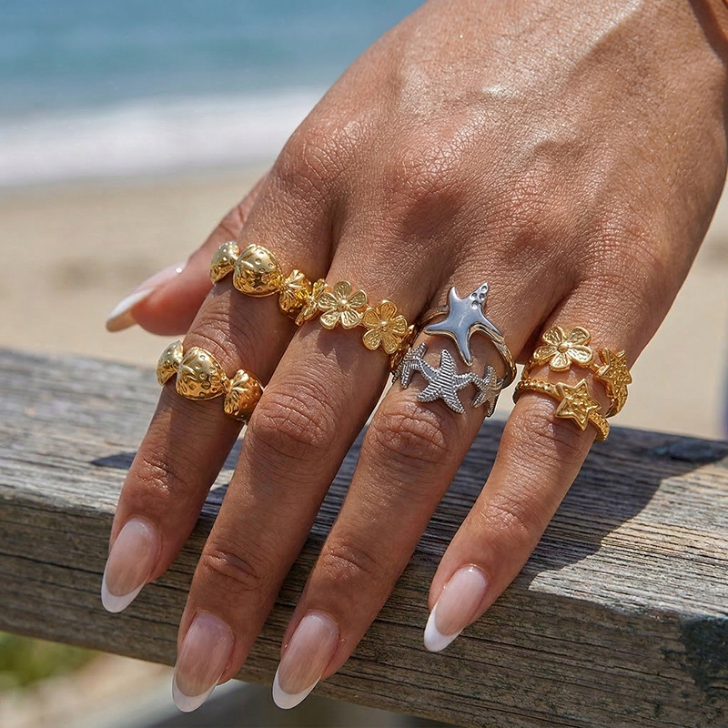 TENA Europa y América de verano vacaciones de moda playa de arena estrella de mar conchas de diseño anillo ligero de lujo de alta sensación de joyería al por mayor