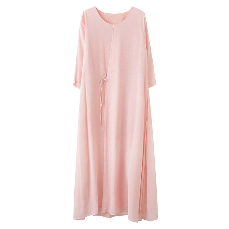 2022 Real-shot In-stock Vintage Artistic Elegant Cotton-linen Cool Round-neck Three-quarter Sleeve Zen-style Robe Dress_ecoleips.com