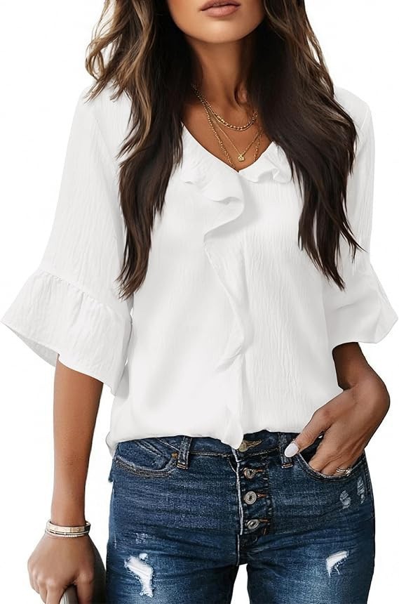 Women's V-neck Ruffle Blouse Flutter Sleeves Flowy Cold Silk Top_voghion.com