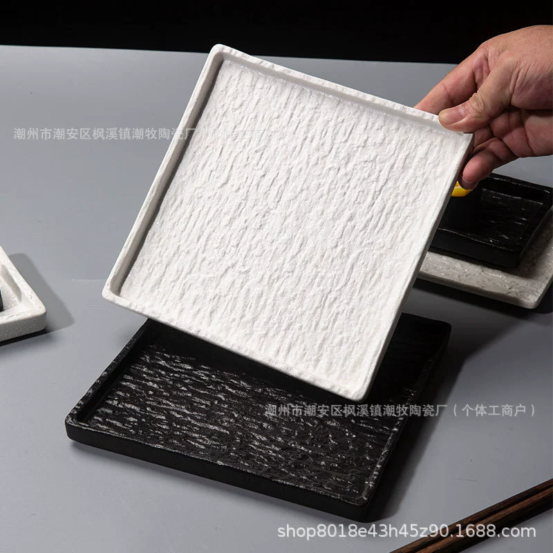 Stone‑pattern serving plates collection, multiple shapes (6–12") in white & black, thick edge
