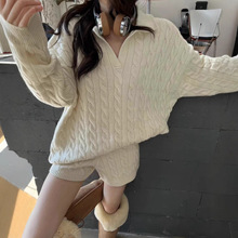 秋冬加厚提花麻花polo领针织短裤两件套100%羊毛打底衫宽松裤套装