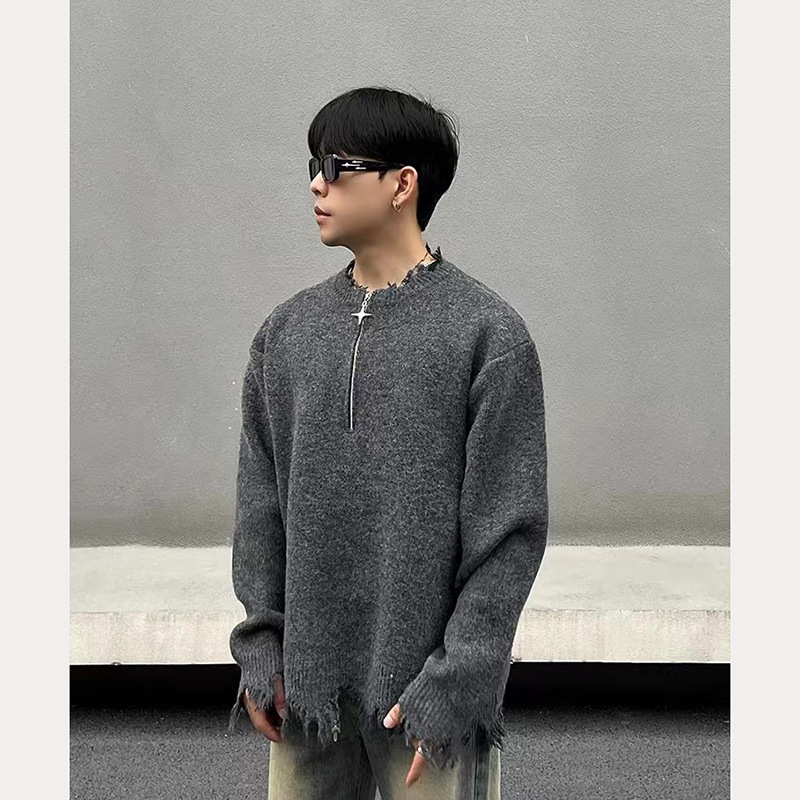 Zipper New Street Distressed Design Black Half-Zip Sweater Men's Loose Lazy Style Knitwear_voghion.com