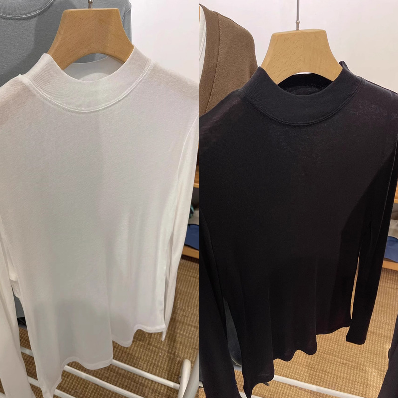 テンセルウールマスクTシャツレディース初秋薄手長袖右肩トップス白インナーハーフタートルネックボトリングシャツ|undefined