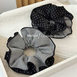 韩版黑白格纹拼波点布艺双层束腰大肠发圈气质AB面头花头绳发绳女