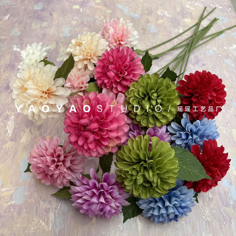 2 Double-Headed Dark-Scented Dahlia Artificial Dahlia Photography Props Ball Chrysanthemum Wedding Hotel Set Floral Art