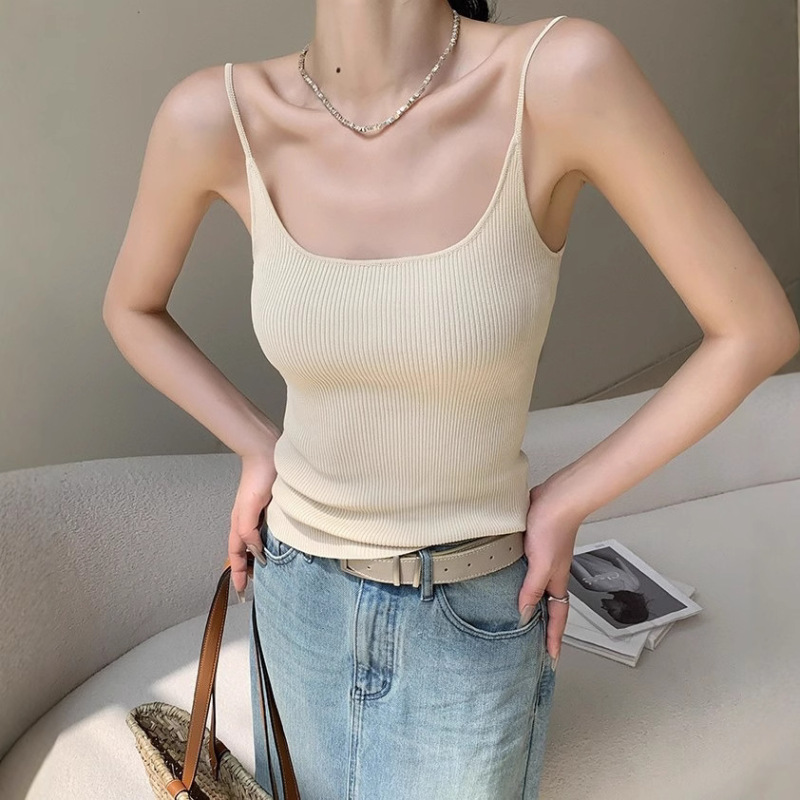 Off-White Knitted Camisole for Women, Summer 2025 New Style, Slim Fit, Flattering, Short Outerwear Top