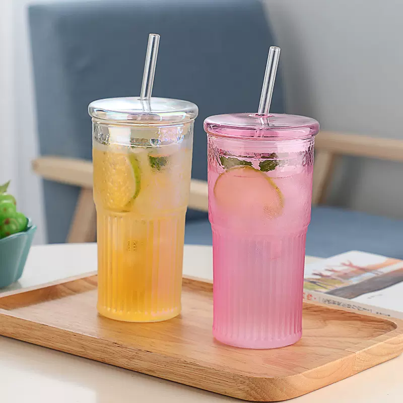 创意玻璃吸管杯简约玻璃小清新咖啡杯大容量奶茶冷饮杯ins水杯高