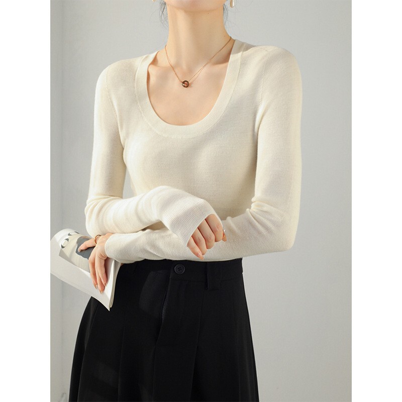 High-End Seamless All-Wool U-Neck Slim-Fitting Knitwear for Women 2025 Autumn and Winter Long-Sleeved Inner Pullover Base Knitwear