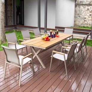 Courtyard Tables and Chairs Waterproof and Sun-Proof Outdoor Leisure Balcony Aluminum Alloy Tea Table and Chairs Terrace Garden Outdoor Plastic Wood Long Table
