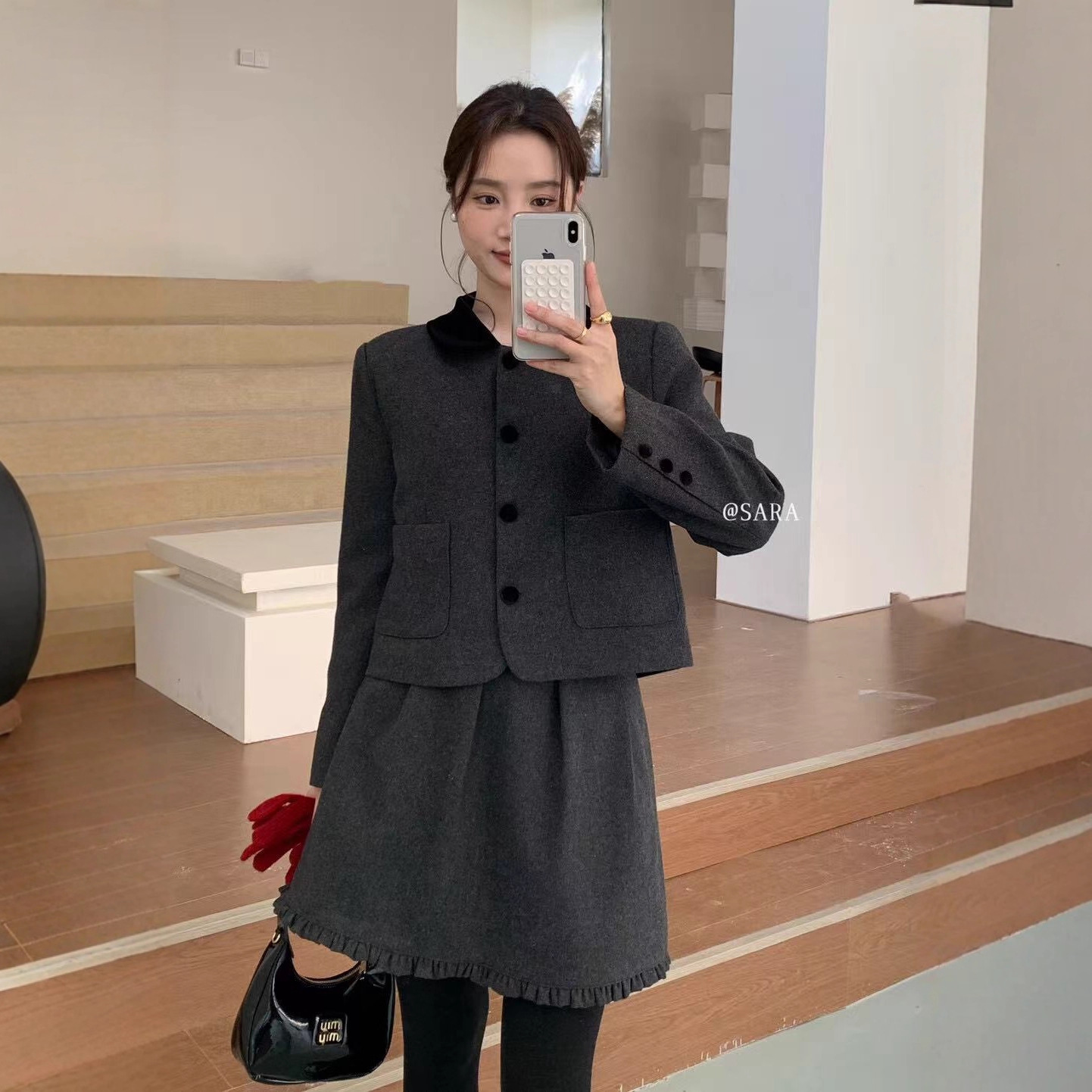 凯羽尚LSARAJ秋 毛呢套装裙新款气质小个子短款外套女半身裙套装