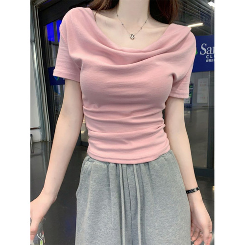Korean Pure Desire Style Pile Collar Pleated Short Sleeve Top for Women - Summer One-Shoulder Fitted Versatile Top