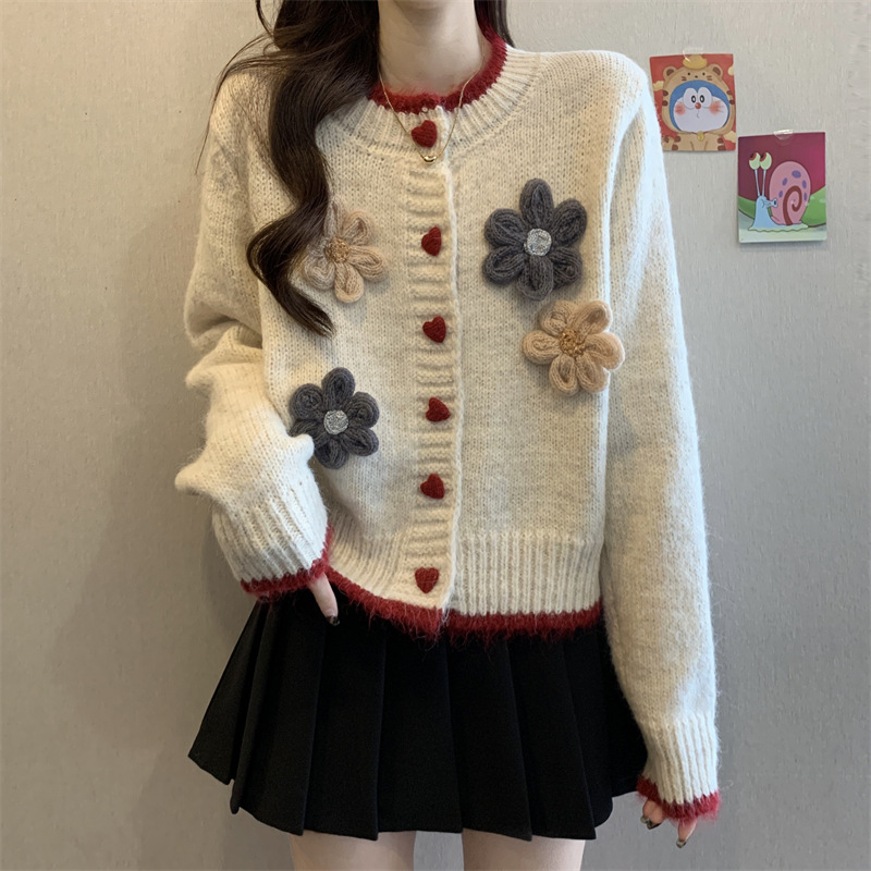 2025 otoño y invierno nuevo estilo coreano tridimensional gancho flor de punto Cardigan amor botón suéter retro chaqueta de chaqueta de comercio exterior mujeres image 7