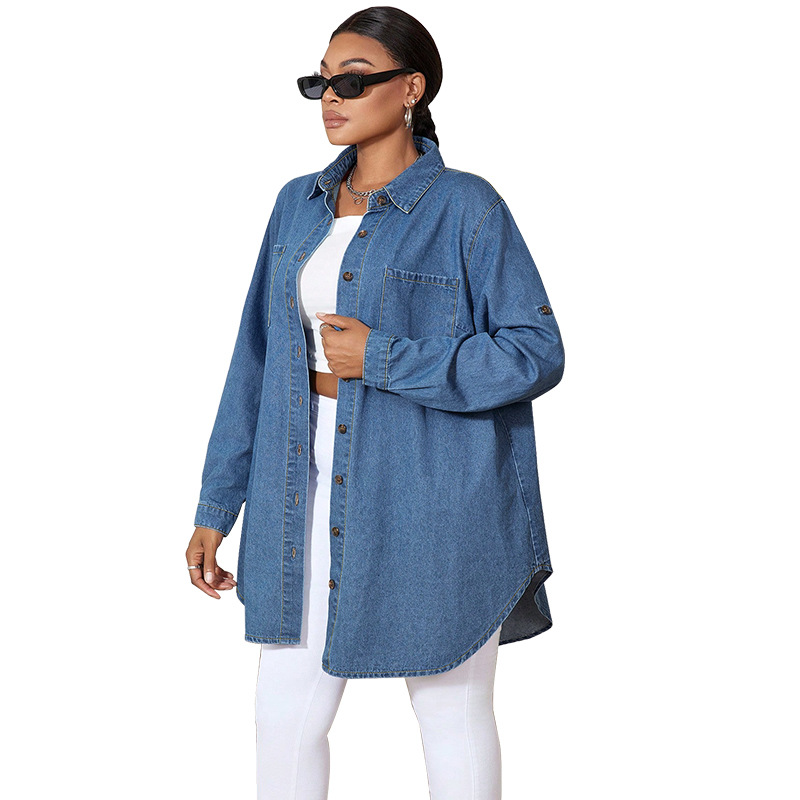 Oversized Jeanshemd Damen Langarm Denim Jacke Casual Bluse_voghion.com