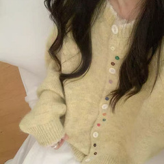 韩系复古波浪纹圆领彩色纽扣设计感针织开衫女宽松软糯毛衣外套秋