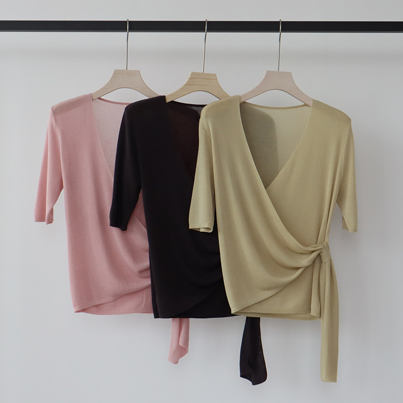 Lyocell Tencel Summer Cross-Tie Knit Short-Sleeve V-Neck Top T-Shirt for Women with High-Temperature Shaping Process