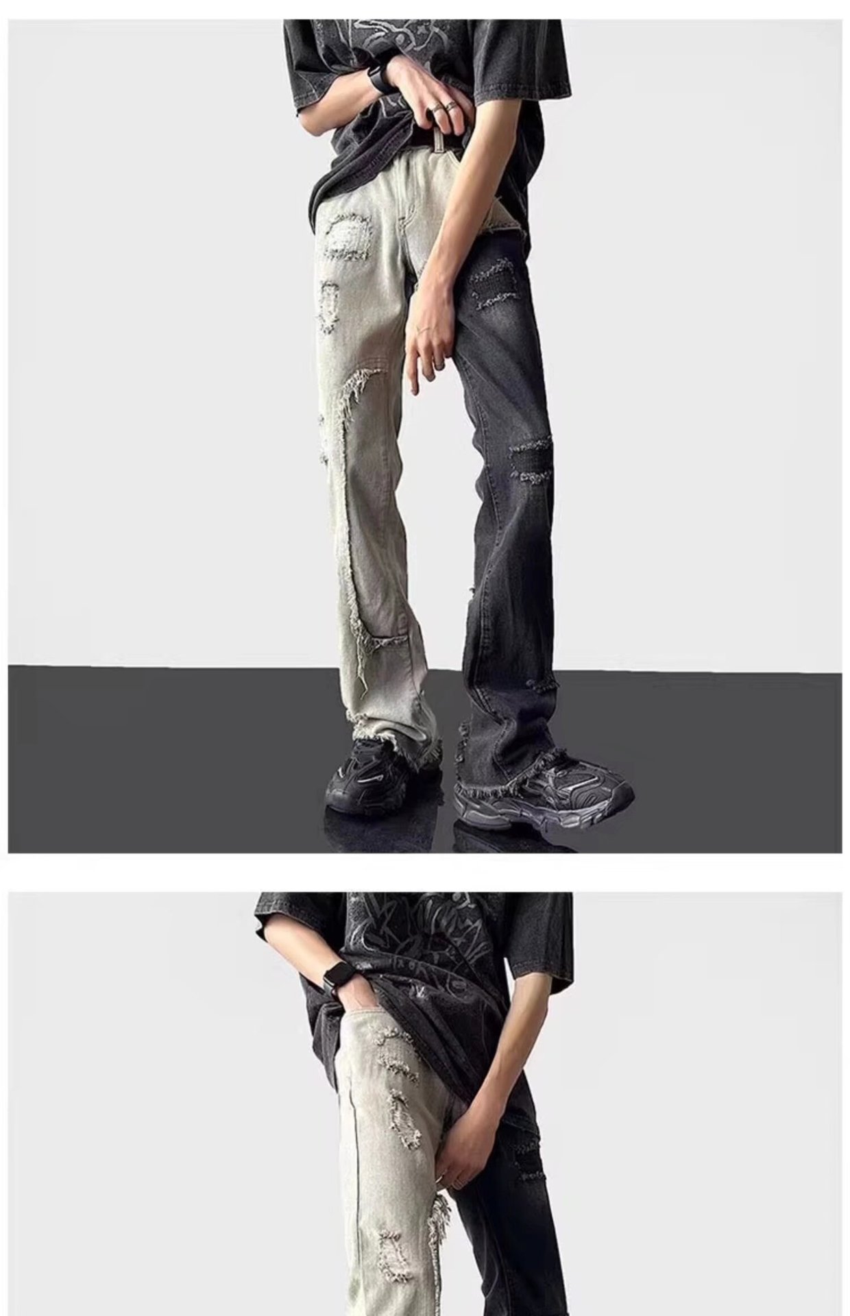 Men's Patchwork Color Block Ripped Jeans High Street Straight_voghion.com