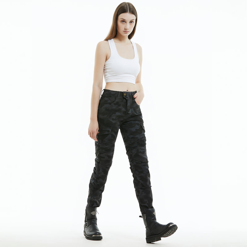 VOLERO pantalones de montar a caballo de la motocicleta Caballero de las mujeres pantalones elásticos anti-caída ocasional de la motocicleta multi-Bolsa de camuflaje azul monos