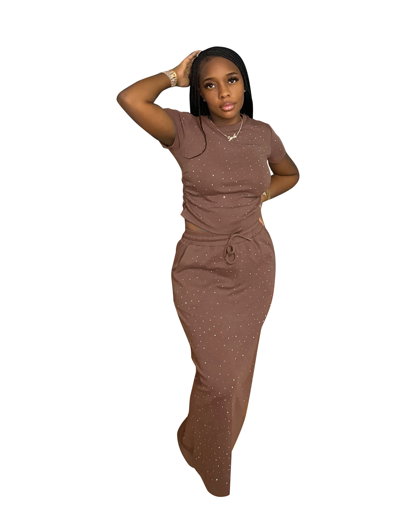 Completo due pezzi donna con strass abito lungo maniche corte_voghion.com