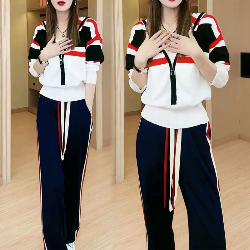 Спортивный костюм для женщин 2025, новая осенняя мода, контрастный цвет, толстовка на молнии с капюшоном, широкие брюки, комплект из двух предметов