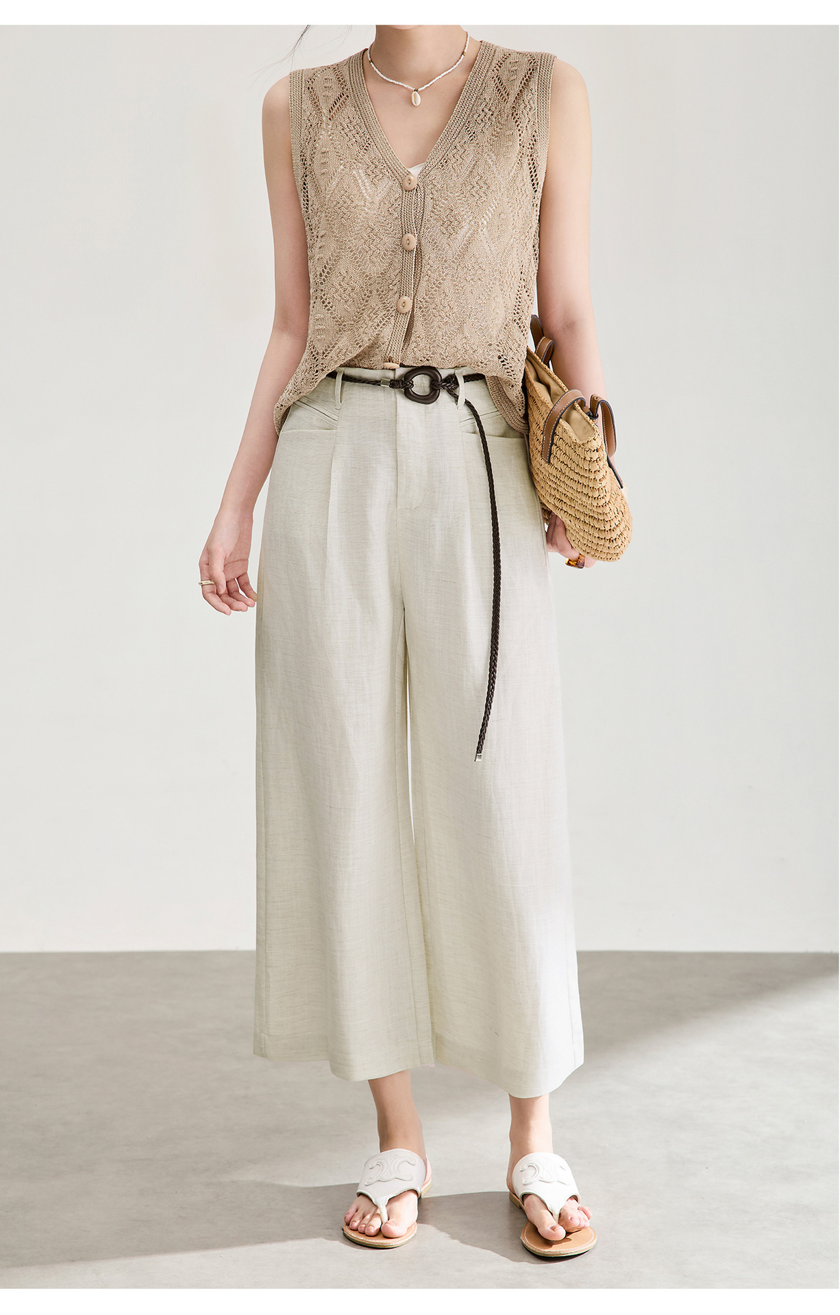 Quần culottes nữ ống rộng chất liệu linen phối sợi tencel, cạp cao dáng suông, mặc mùa hè thoáng mát — Xanh lông mòng đen chi tiết 14