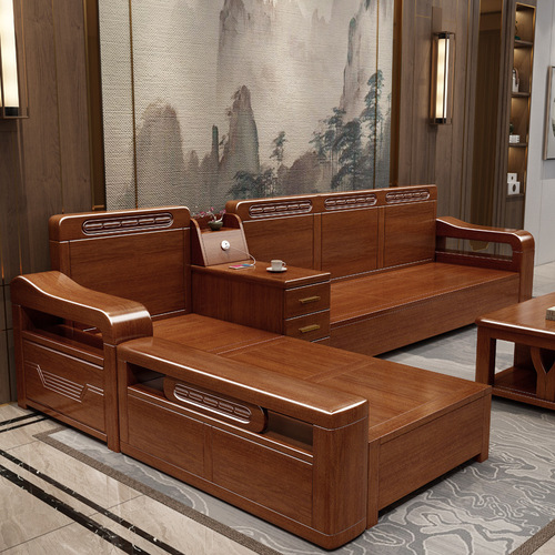 Walnut solid wood high box storage sofa combination modern Chinese style corner solid wood sofa set living room furniture