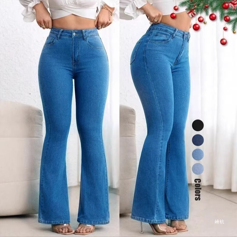 European and American Cross-Border New Style Elastic Slim-Fit Solid Color Women's Jeans, High-Waisted, Butt-Lifting, Slightly Flared Pants, Wholesale Black Cotton European and American Cross-Border New Style Elastic Slim-Fit Solid Color Women's Jeans, High-Waisted, Butt-Lifting, Slightly Flared Pants, Wholesale Black Cotton