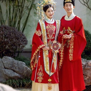 Ming-Style Hanfu Wedding Dress for Bride, Chinese-Style Luxurious Couple's Phoenix Crown and Robe, Xiuhe Suit with Heavy Embroidery