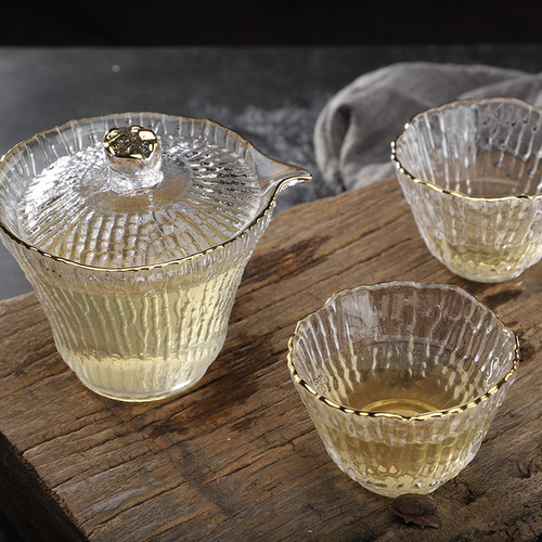 日式水晶玻璃金边竹节纹功夫茶具套装礼品批发家用全套公道杯盖碗