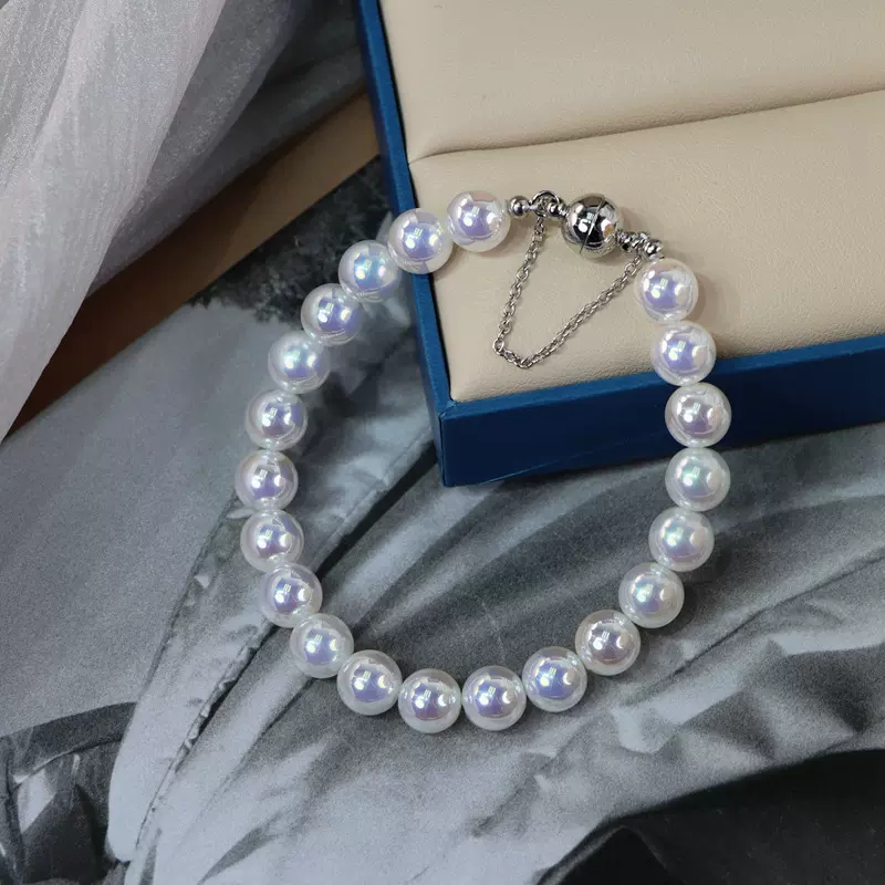 自研极光海水银蓝炫彩马贝仿珍珠手链手串圆球磁吸扣手链轻奢高级