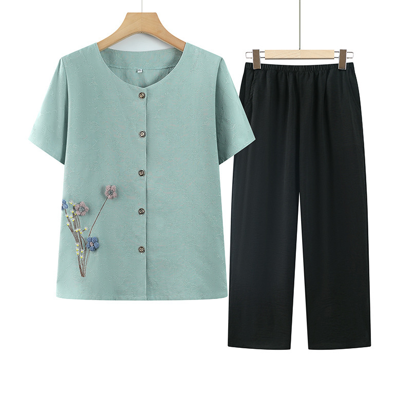 Mom's Summer Outfit for Middle-Aged and Elderly Women, Short-Sleeve Set, Plus-Size Summer T-Shirt, Clothing for Elderly Ladies