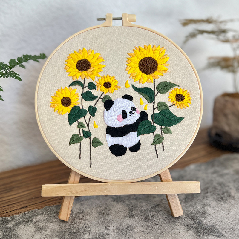 Flor Bush panda pequeño conjunto bordado diy material de mano bolsa de dibujos animados aguja animal paquete de bordado hierba de cuatro piezas
