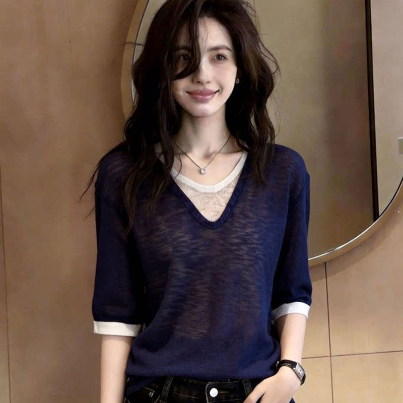 Hanyuan Apparel/2026 Spring/Summer New Women's Linen Color-Block Faux Two-Piece Knitted Short-Sleeve T-Shirt Top